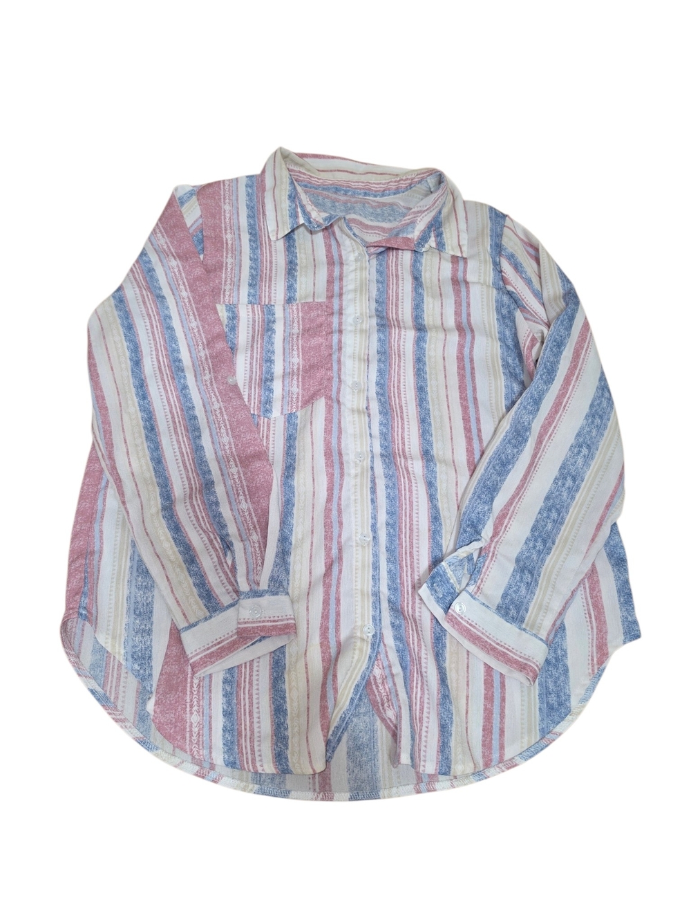 Striped Button Down Shirt Large Western Coastal Boho Red Blue Cream Relaxed